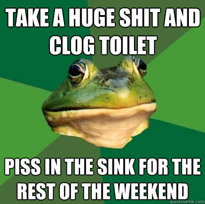 Take a huge shit and clog toilet Piss in the sink for the rest of the weekend  Foul Bachelor Frog