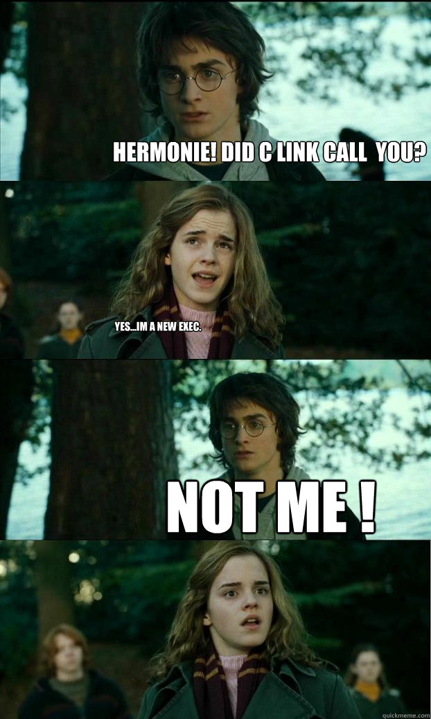 Hermonie! Did C Link call  you? Yes...Im a new exec. Not me !  Horny Harry