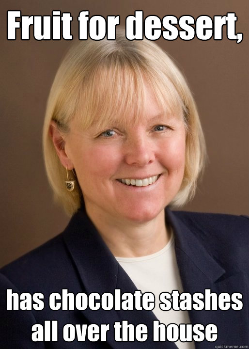 Fruit for dessert, has chocolate stashes all over the house  