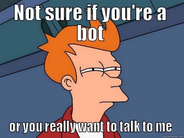NOT SURE IF YOU'RE A BOT OR YOU REALLY WANT TO TALK TO ME Futurama Fry