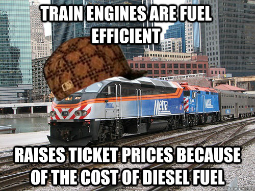 Train engines are fuel efficient Raises ticket prices because of the cost of diesel fuel  Scumbag Metra