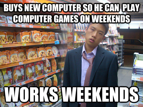 Buys new computer so he can  play computer games on weekends works weekends  Disenchanted Young Professional