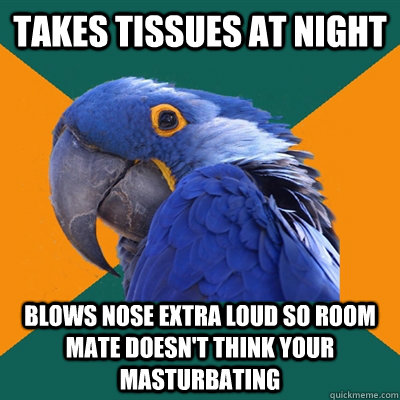 takes tissues at night blows nose extra loud so room mate doesn't think your masturbating  Paranoid Parrot