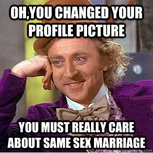 Oh,you changed your profile picture You must really care about same sex marriage  Condescending Wonka