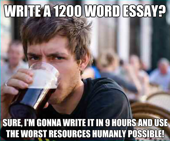 Write a 1200 word essay? Sure, I'm gonna write it in 9 hours and use the worst resources humanly possible!  Lazy College Senior