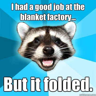 I had a good job at the blanket factory... But it folded.  Lame Pun Coon