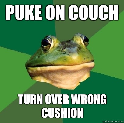 Puke on couch Turn over wrong cushion  Foul Bachelor Frog