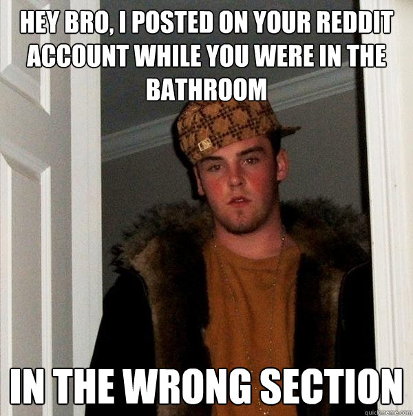 hey bro, i posted on your reddit account while you were in the bathroom in the wrong section  Scumbag Steve
