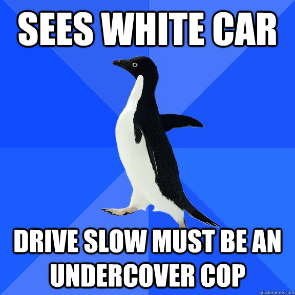 Sees white car Drive slow must be an undercover cop  Socially Awkward Penguin