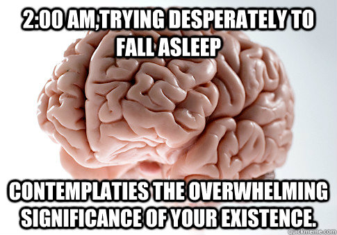 2:00 AM,trying desperately to fall asleep Contemplaties the overwhelming significance of your existence.  Scumbag Brain