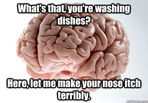 What's that, you're washing dishes? Here, let me make your nose itch terribly.  Scumbag Brain