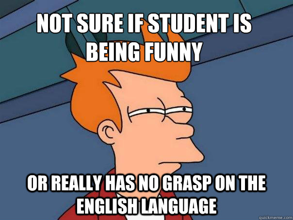 Not sure if student is 
being funny Or really has no grasp on the english language  Futurama Fry