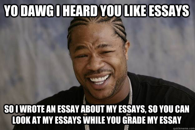 YO DAWG I HEArd you likE essays so i wrote an essay about my essays, so you can look at my essays while you grade my essay - YO DAWG I HEArd you likE essays so i wrote an essay about my essays, so you can look at my essays while you grade my essay  Xzibit meme