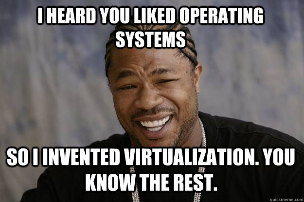 I heard you liked operating systems so I invented virtualization. You know the rest. - I heard you liked operating systems so I invented virtualization. You know the rest.  Xzibit meme
