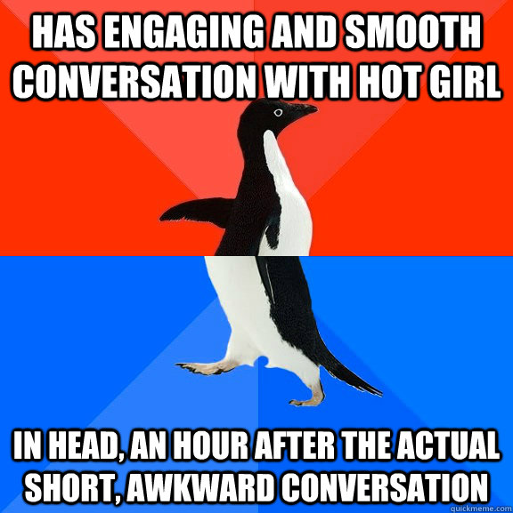 Has engaging and smooth conversation with hot girl in head, an hour after the actual short, awkward conversation  Socially Awesome Awkward Penguin