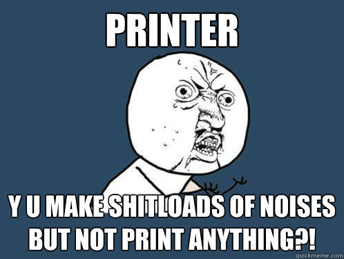 Printer y u make shitloads of noises but not print anything?!  Y U No