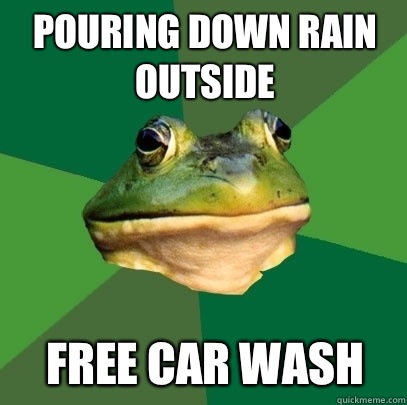 Pouring down rain outside Free car wash   Foul Bachelor Frog