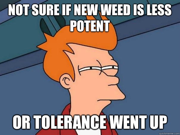 not sure if new weed is less potent Or tolerance went up  Not sure if deaf