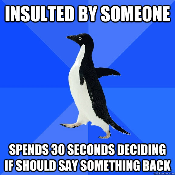 insulted by someone spends 30 seconds deciding if should say something back  Socially Awkward Penguin