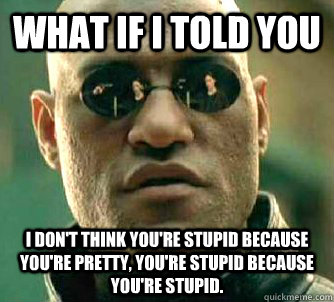 What if I told you I don't think you're stupid because you're pretty, you're stupid because you're stupid. - What if I told you I don't think you're stupid because you're pretty, you're stupid because you're stupid.  What if I told you