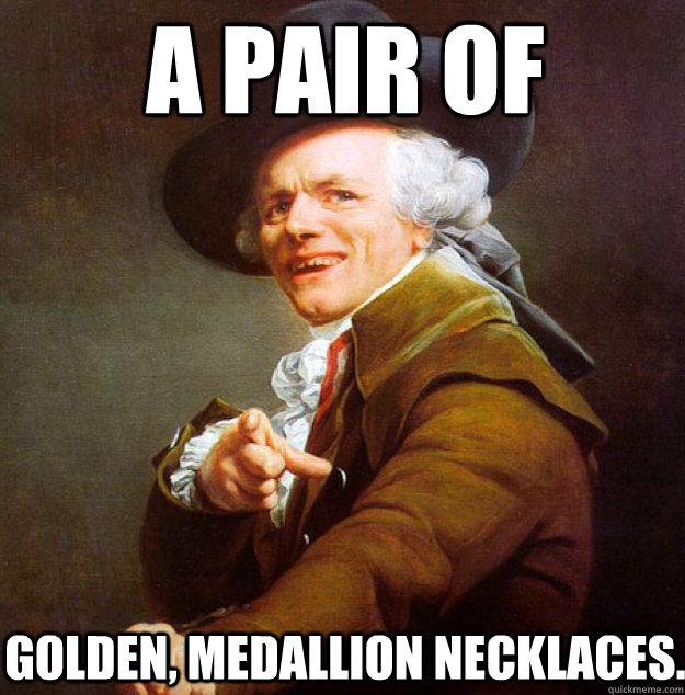 a pair of  golden, medallion necklaces.   Joseph Decreux