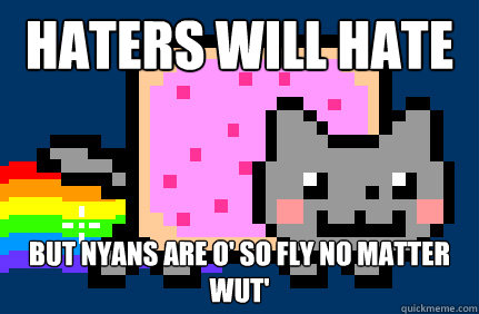 haters will hate but nyans are o' so fly no matter wut'  Nyan cat