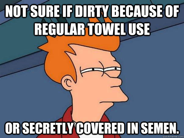 Not sure if dirty because of regular towel use or secretly covered in semen.  Futurama Fry