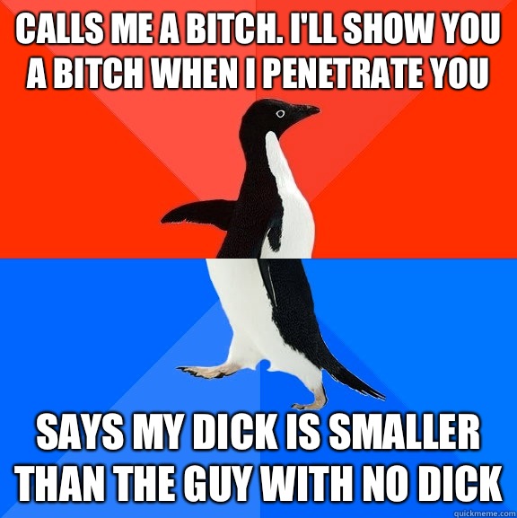 Calls me a Bitch. I'll show you a bitch when I penetrate you Says my dick is smaller than the guy with no dick  Socially Awesome Awkward Penguin