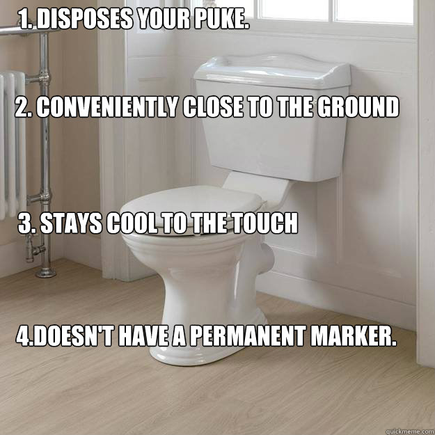 1. disposes your puke. 3. Stays cool to the touch  2. Conveniently close to the ground 4.Doesn't have a permanent marker.   