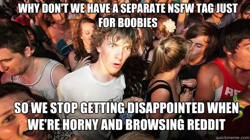 Why don't we have a separate nsfw tag just for boobies so we stop getting disappointed when we're horny and browsing reddit  Sudden Clarity Clarence