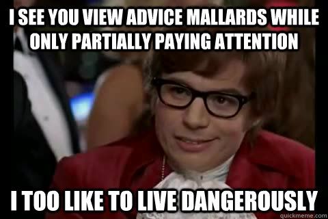 I see you view advice mallards while only partially paying attention i too like to live dangerously  Dangerously - Austin Powers