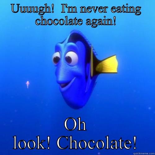 UUUUGH!  I'M NEVER EATING CHOCOLATE AGAIN! OH LOOK! CHOCOLATE! dory