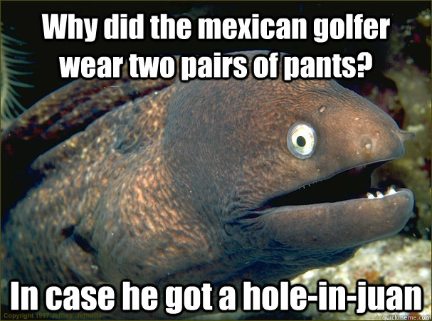 Why did the mexican golfer wear two pairs of pants? In case he got a hole-in-juan - Why did the mexican golfer wear two pairs of pants? In case he got a hole-in-juan  Bad Joke Eel