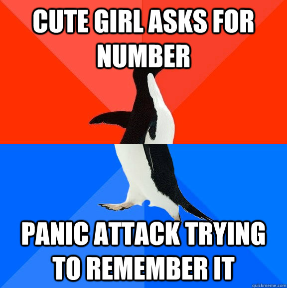 cute girl asks for number panic attack trying to remember it  Socially Awesome Awkward Penguin