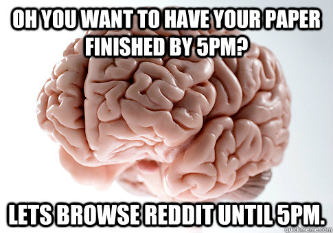 Oh you want to have your paper finished by 5pm?  Lets browse reddit until 5pm.   Scumbag Brain