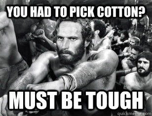 you had to pick cotton? must be tough - you had to pick cotton? must be tough  Unimpressed Hebrew Slave