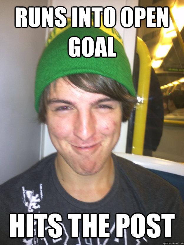 Runs into open goal hits the post  Greedy Pete