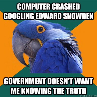 computer crashed googling edward snowden Government doesn't want me knowing the truth  Paranoid Parrot