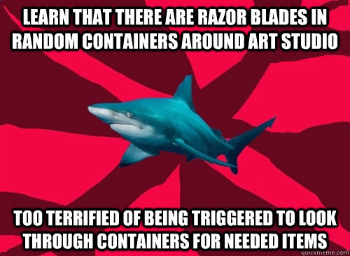 Learn that there are razor blades in random containers around art studio Too terrified of being triggered to look through containers for needed items  Self-Injury Shark