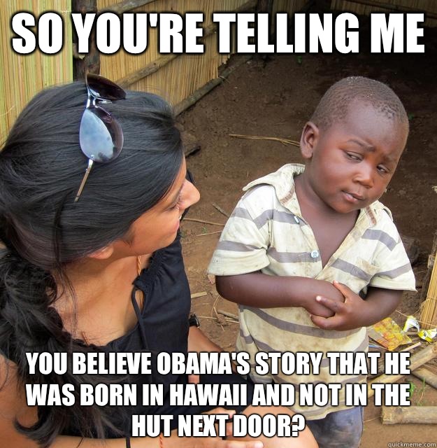 so You're telling me You believe Obama's story that he was born in Hawaii and not in the hut next door?   Skeptical African Kid