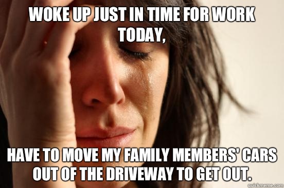 Woke up just in time for work today, have to move my family members' cars out of the driveway to get out.   First World Problems