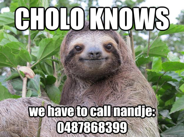 CHOLO KNOWS we have to call nandje: 0487868399  Stoned Sloth