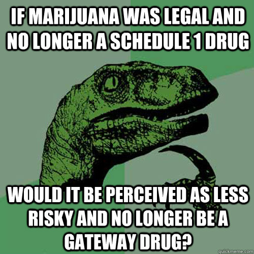 If Marijuana was legal and no longer a schedule 1 drug  would it be perceived as less risky and no longer be a gateway drug? - If Marijuana was legal and no longer a schedule 1 drug  would it be perceived as less risky and no longer be a gateway drug?  Philosoraptor