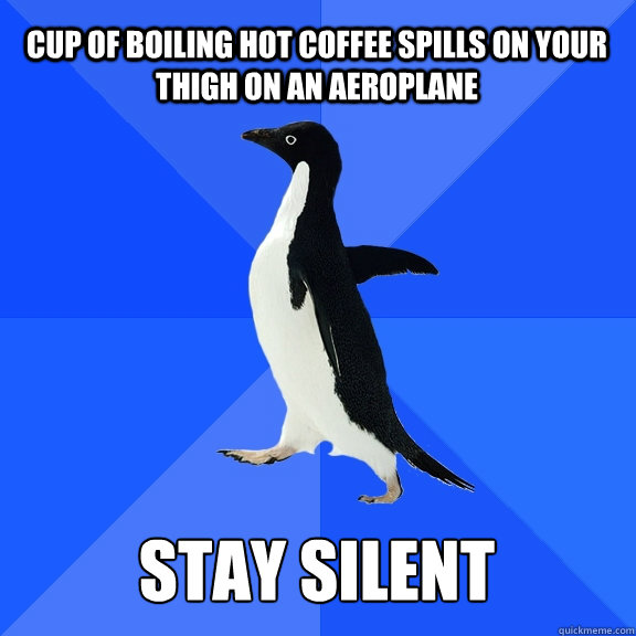cup of boiling hot coffee spills on your thigh on an aeroplane stay silent    Socially Awkward Penguin