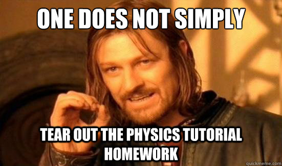 One Does Not Simply tear out the physics tutorial homework  Boromir
