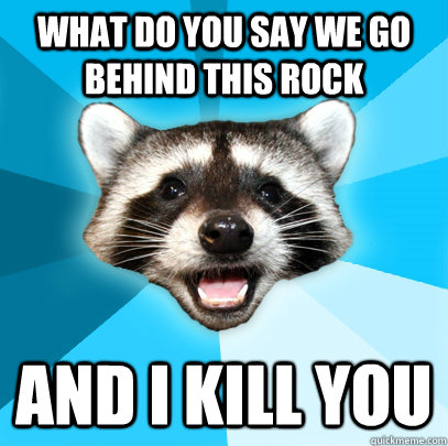 what do you say we go behind this rock and i kill you  Lame Pun Coon