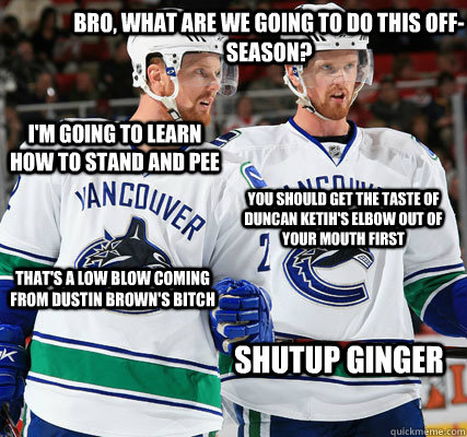 Bro, what are we going to do this off-season? I'm going to learn how to stand and pee you should get the taste of duncan ketih's elbow out of your mouth first that's a low blow coming from dustin brown's bitch shutup ginger  sedin twins meme