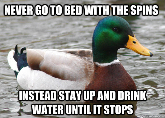 Never go to bed with the spins Instead stay up and drink water until it stops  Actual Advice Mallard