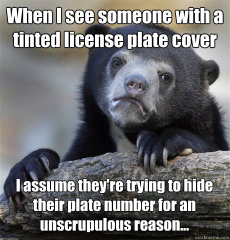 When I see someone with a tinted license plate cover I assume they're trying to hide their plate number for an unscrupulous reason...  Confession Bear