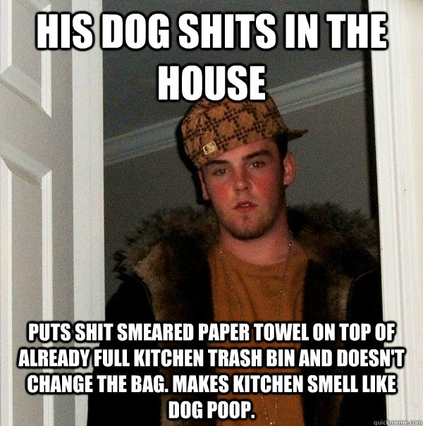 His dog shits in the house Puts shit smeared paper towel on top of already full kitchen trash bin and doesn't change the bag. Makes kitchen smell like dog poop. - His dog shits in the house Puts shit smeared paper towel on top of already full kitchen trash bin and doesn't change the bag. Makes kitchen smell like dog poop.  Scumbag Steve